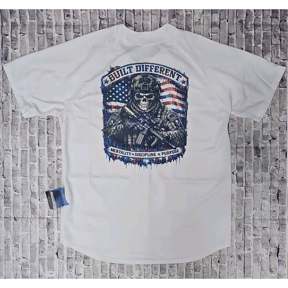 Patriotic Skull Soldier Baseball Jersey White Button Up Adult Size L (Large)